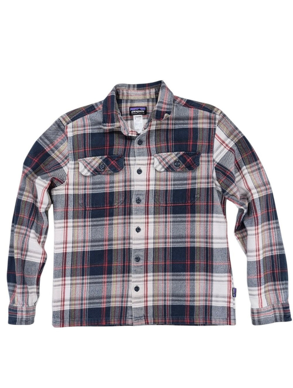 Patagonia Fgord flannel shirt men's small blue green red plaid organic cotton